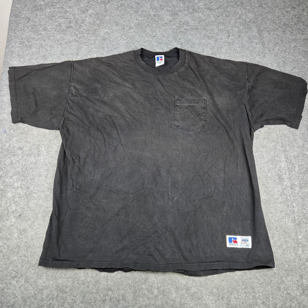 VTG Russell Athletic High Cotton blank black pocket T-Shirt XXL Faded Distressed
